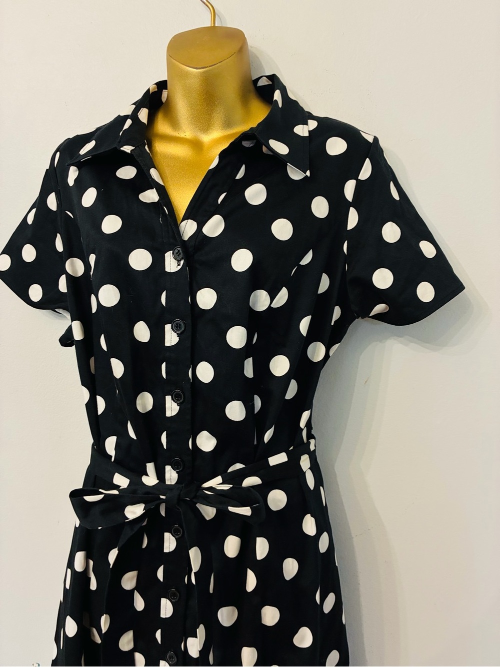 Lane Bryant Polka Dot Shirt Dress Size 16 Black White Belted Midi - Picture 4 of 6
